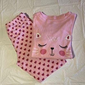 KikizYe Pink & Red Cat Face & Hearts Matching Long Sleeve Pajamas Set